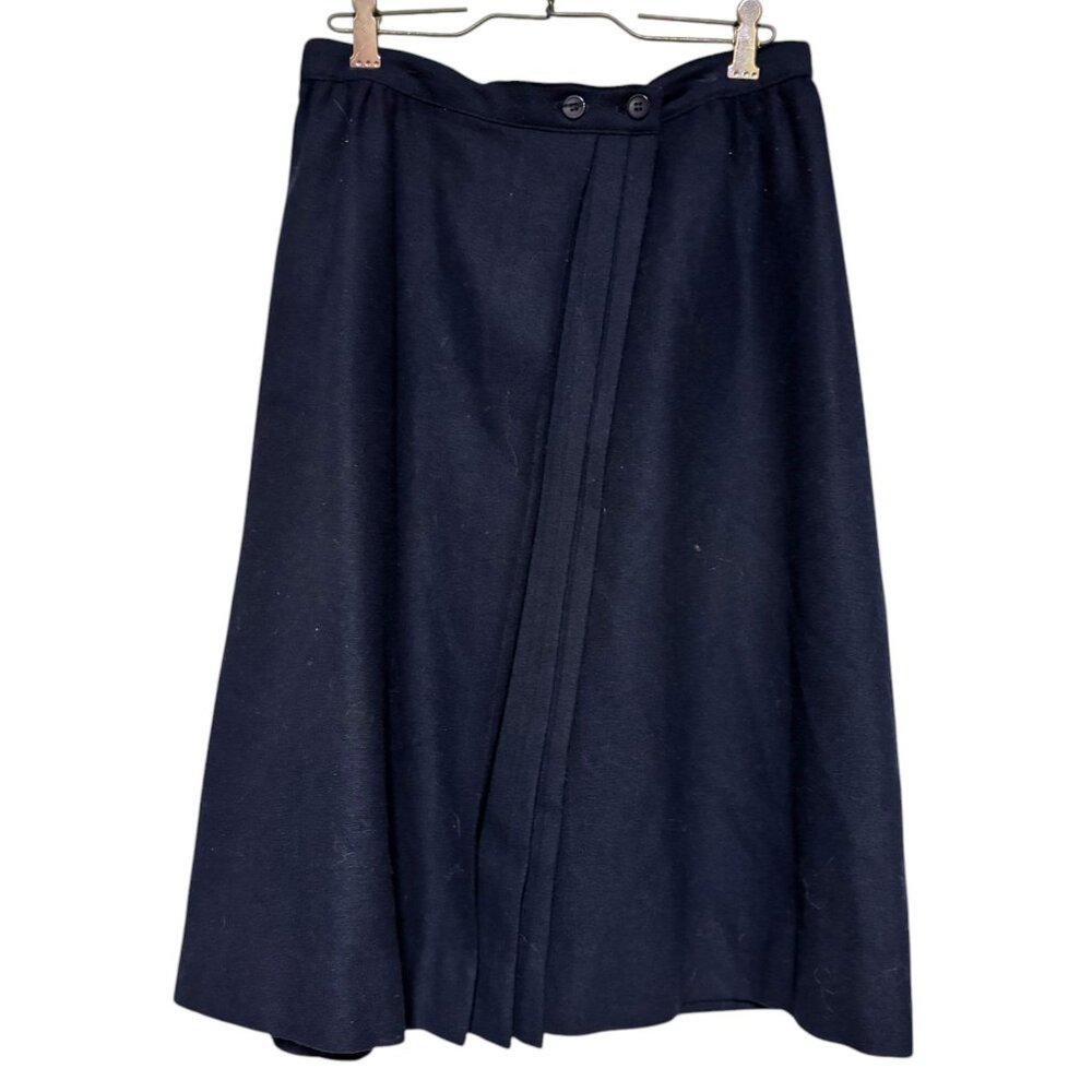 Clyde Vintage 80s women's Wool wrap A-Line Pleated Midi Navy Blue‎ skirt sz 7/8